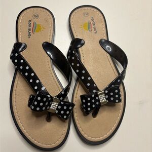 ALOHA ISLAND Black Polka Dot Thong Sandals Flip Flops Bow Womens Size 7